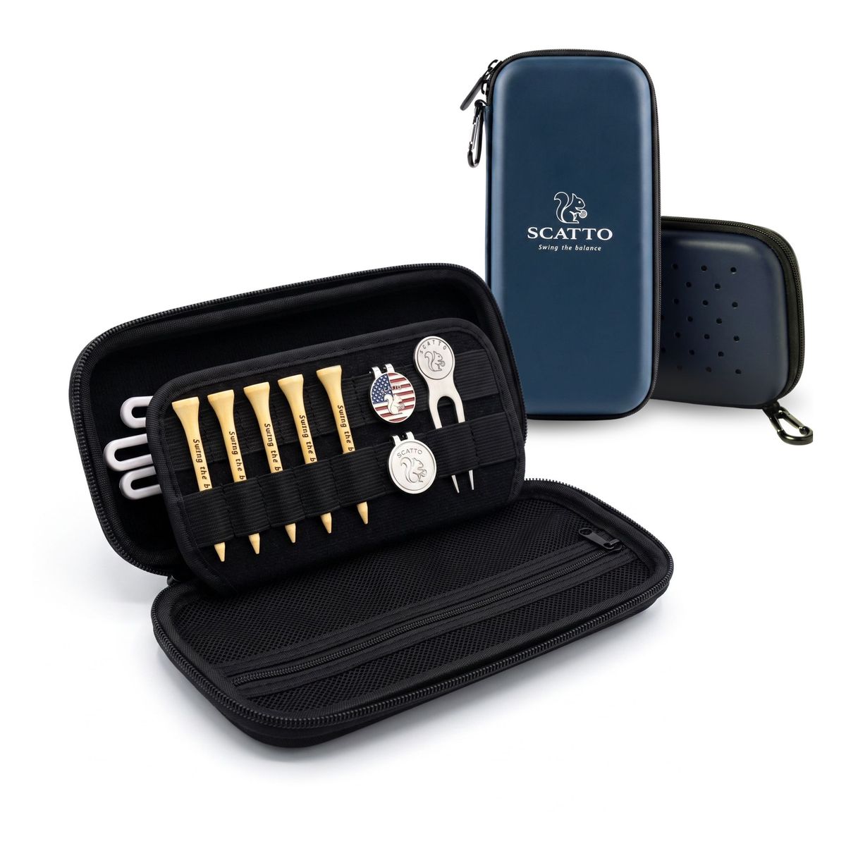 The Scatto kit: the navy hard-shell case closed, and open with five engraved wood tees, two ball markers, a divot tool and a glove holder